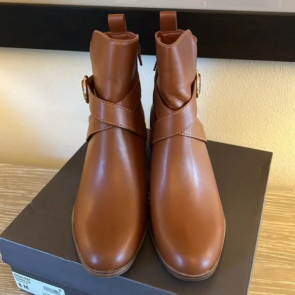 NIB, Style & Co. Rosaliee Belt Booties in Vegan Cognac Leather. - Picture 5 of 11